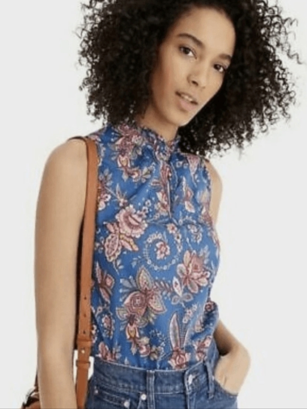 J. Crew x Liberty Fabrics Blue Paisley Sleeveless Ruffle-neck Blouse (US 2/XS) - Picture 2 of 7